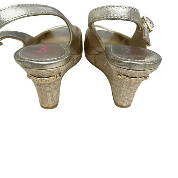 Lilly Pulitzer Gigi Leather Slingback Open Toe Gold Wedge Sandals Women's Sz 7. - Picture 10 of 14